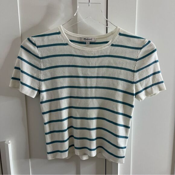 Madewell Cropped Crewneck Sweater Tee Ribbed Striped Blue white sz small NWOT - Picture 5 of 13